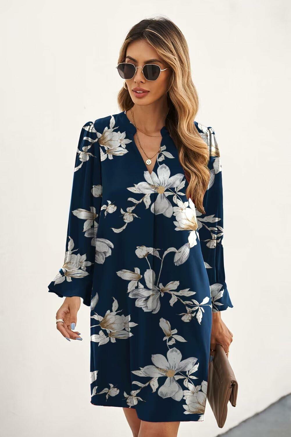 QACOHU V-Neck Mini Dress Blue Flower Long Sleeve Size S