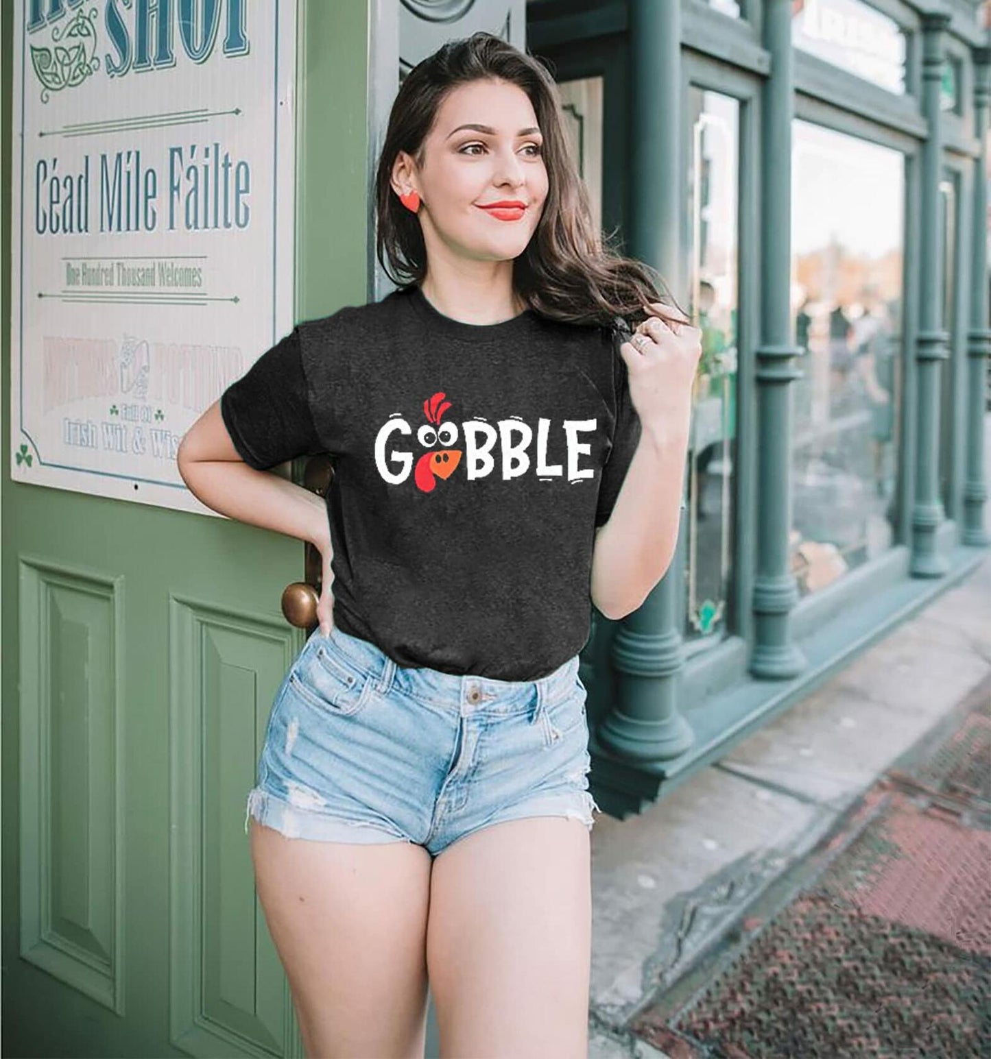 Thanksgiving Shirt Women M Gobble Gobble Pumpkin Turkey Graphic Tee