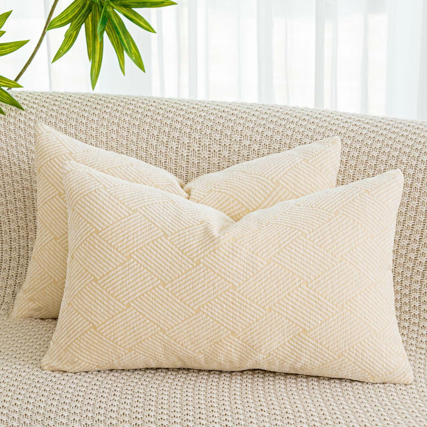 GEGELICA 2-Pack Beige Chenille Pillow Covers 12x20in Soft Modern Boho Throw