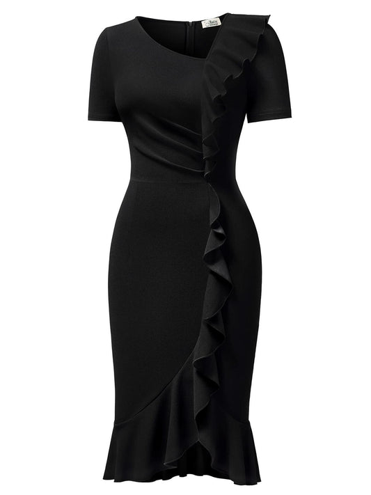 AISIZE Women's Vintage V-Neck Ruffle Slit Bodycon Dress Black Size L