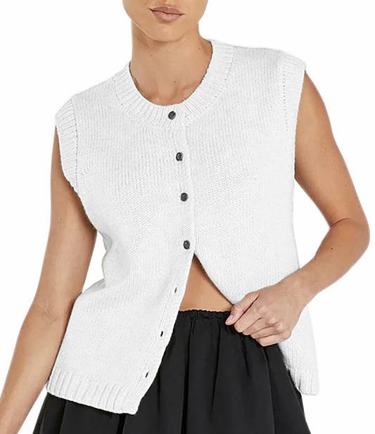 Cioatin Women Knit Sweater Vest Sleeveless Button Down White - Size M