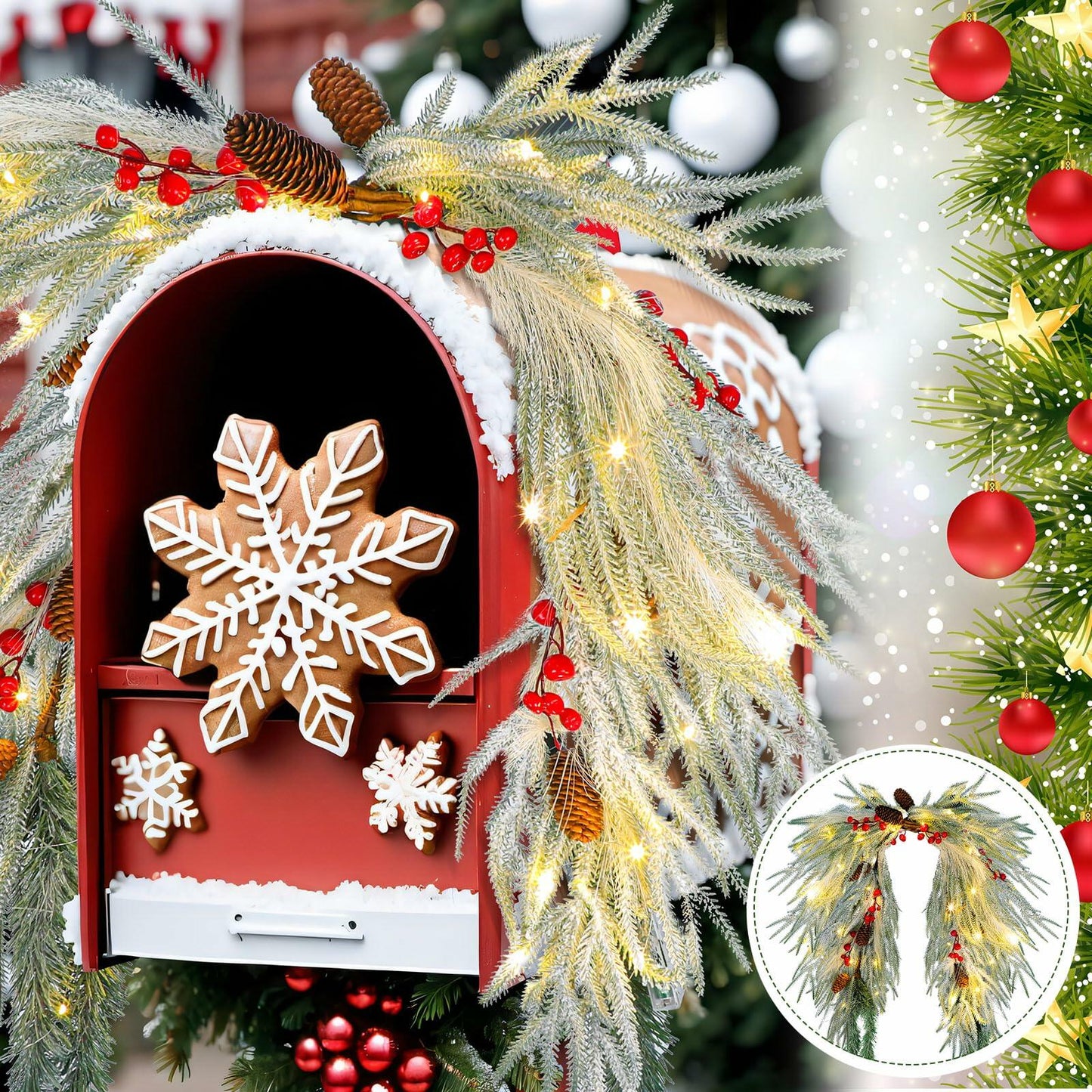 Chuangdi 36" Prelit Christmas Mailbox Swag Wreath with Pine Cones & Red Berries