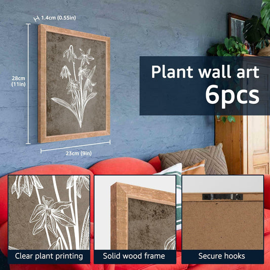 Vintage Framed Botanical Prints Set of 6 9.9x11.8in Brown Wood Frames