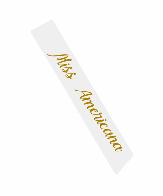 Vrogadso Miss Americana White Satin Sash Gold Glitter Letters