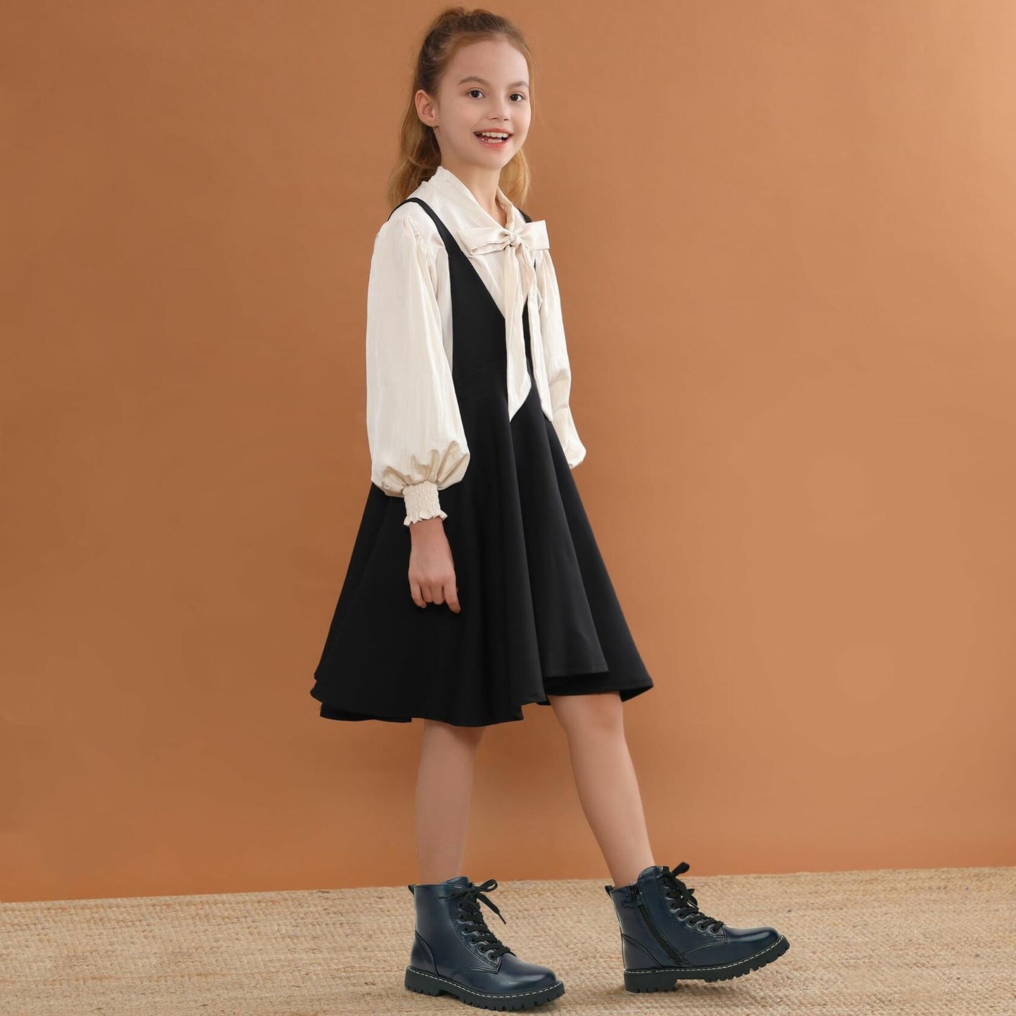 firelli Kids Ankle Boots Navy Side Zipper Lace Up Combat Boots Size 4 US