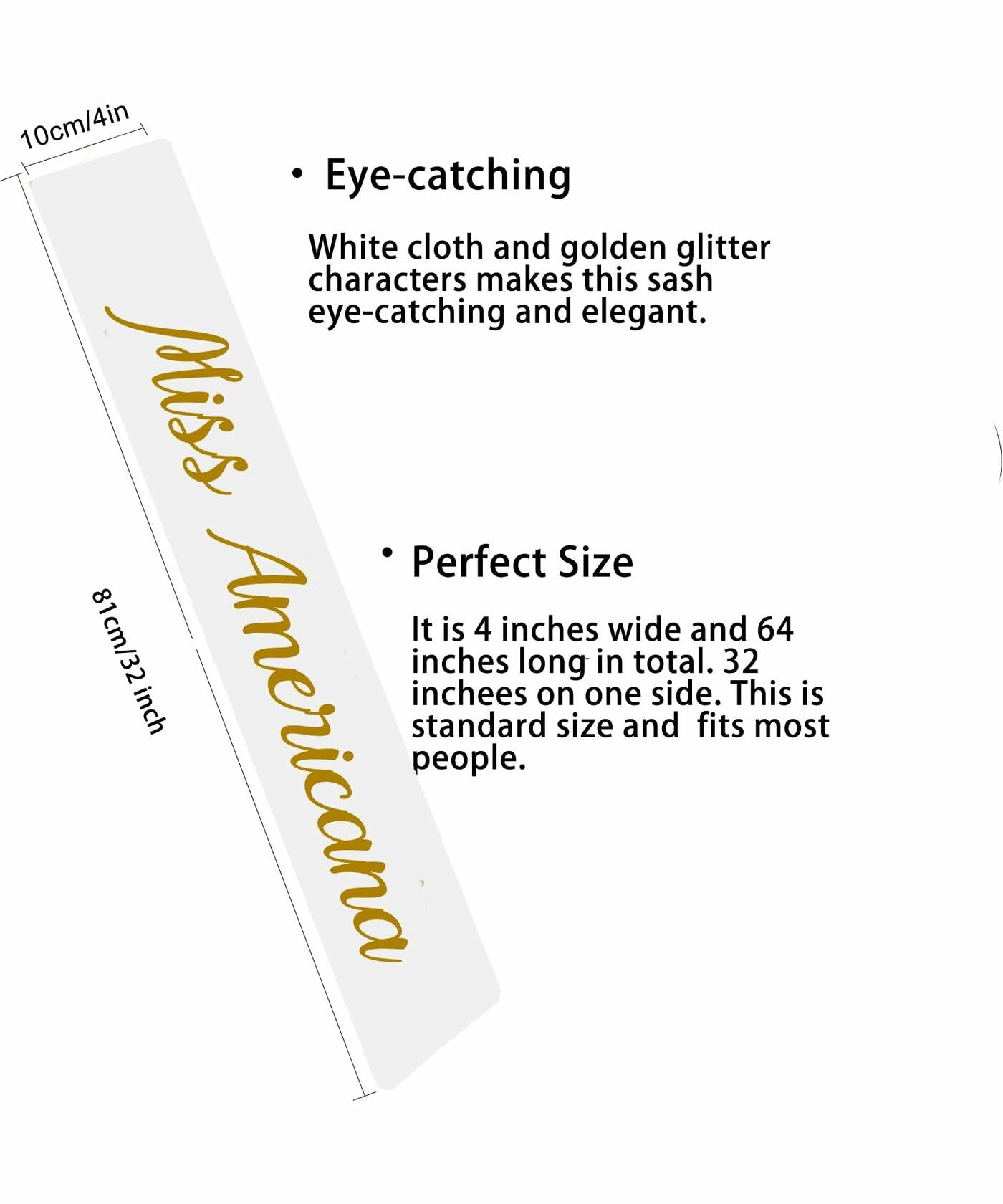 Vrogadso Miss Americana White Satin Sash Gold Glitter Letters