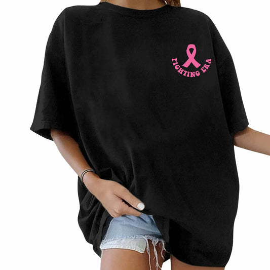 Pingyongchang Breast Cancer Awareness Oversize T-Shirt Women Black L Graphic Top
