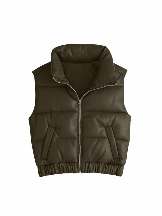 Fisoew Womens Faux Leather Puffer Vest Sleeveless Zip Up Black - Size S