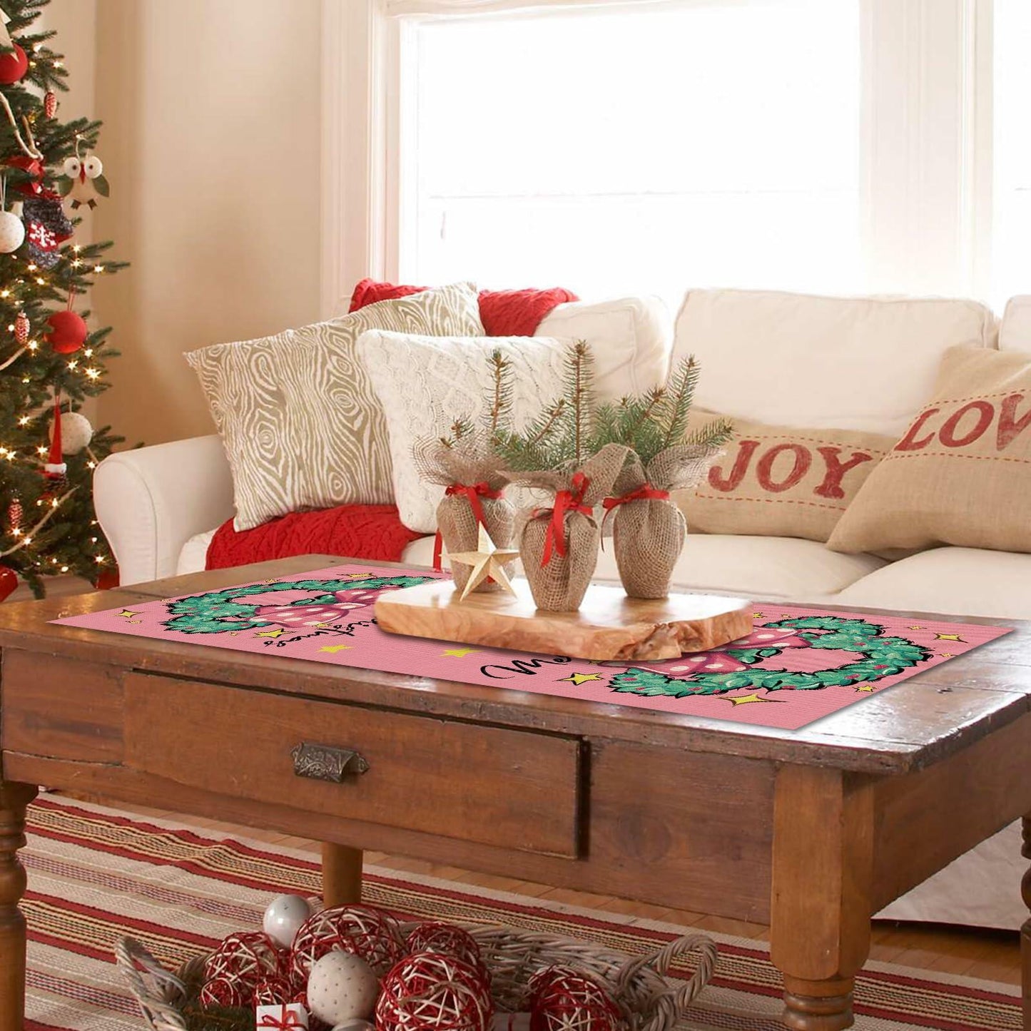 Seliem Christmas Wreath Table Runner Colorful Burlap 13x36 Inch Xmas Decor
