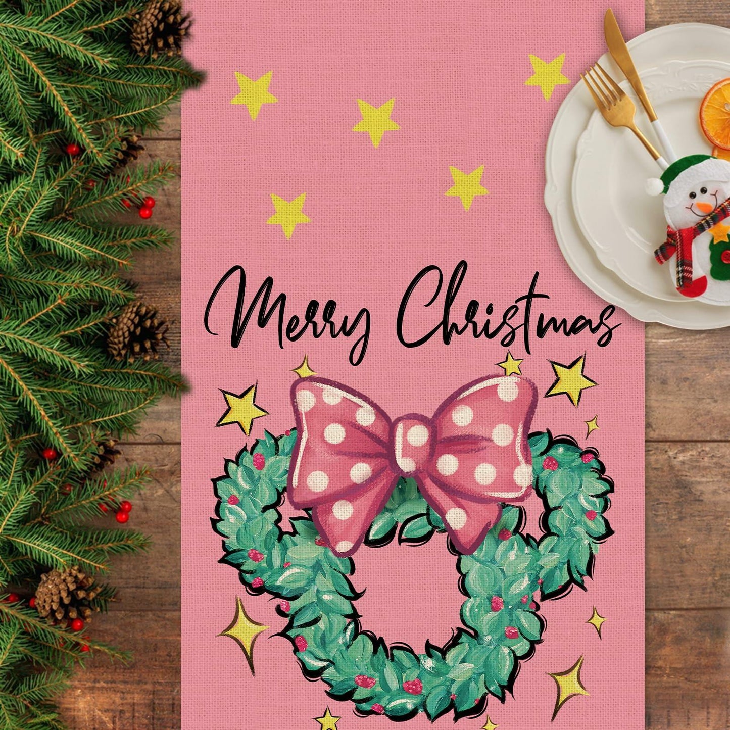 Seliem Christmas Wreath Table Runner Colorful Burlap 13x36 Inch Xmas Decor