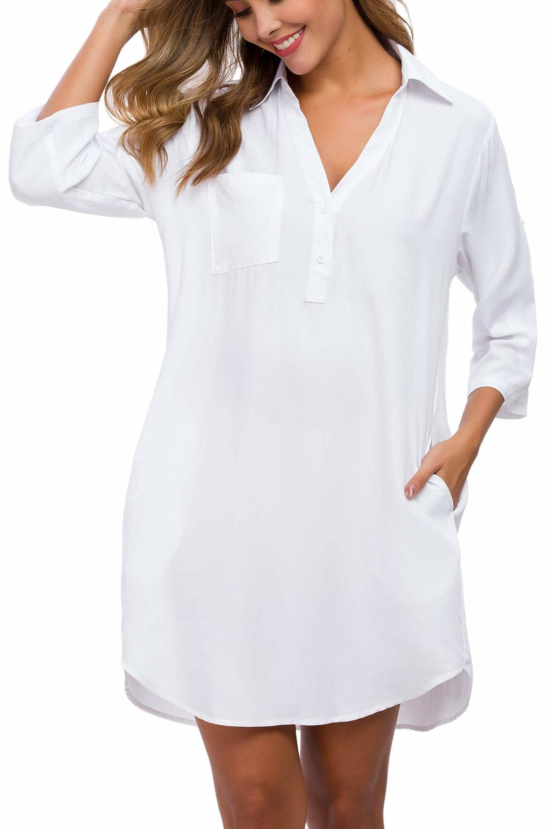 MANAIXUAN Women's Oversized Button Down Shirt Dress Casual 3/4 Sleeve XXL