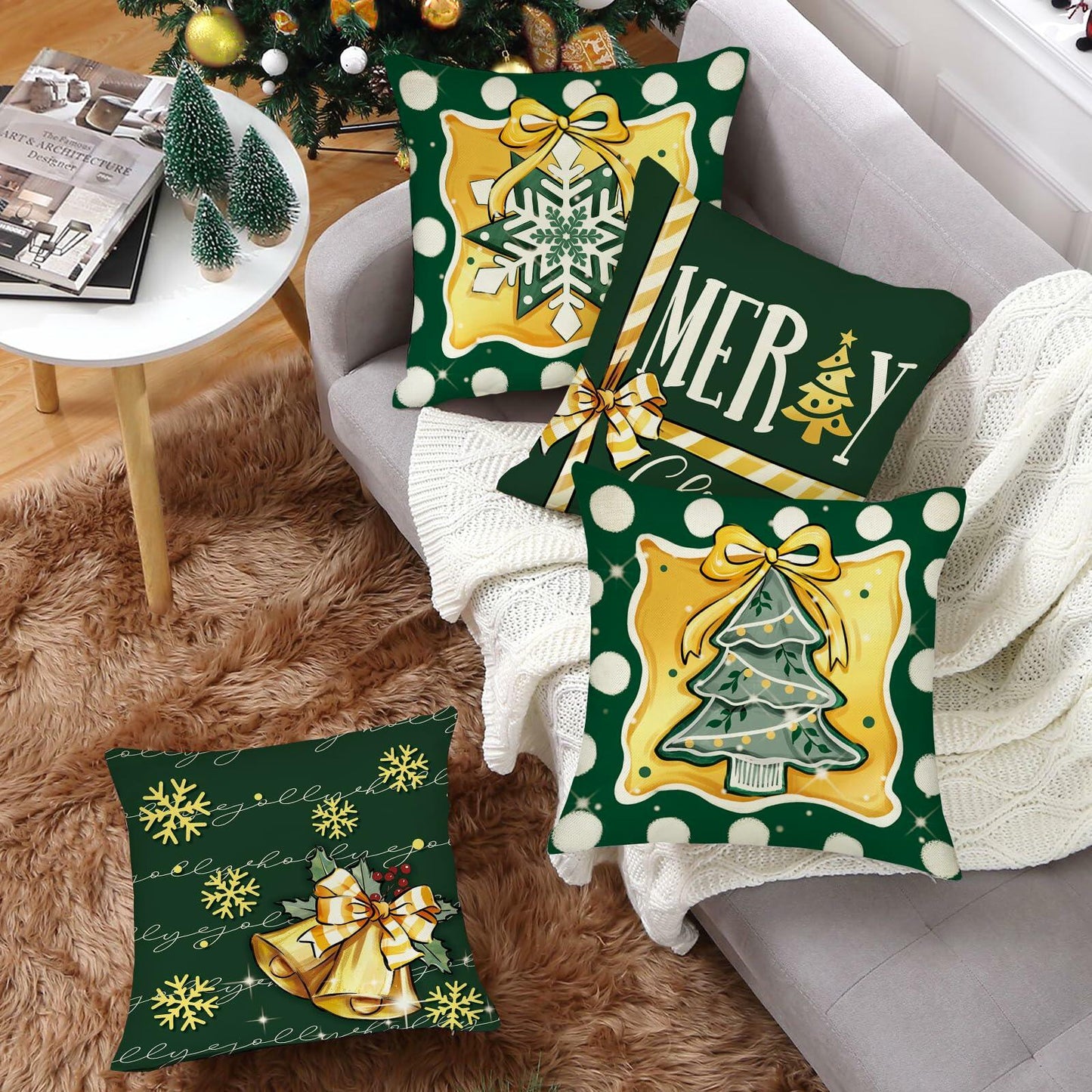 Fahrendom 4-Pack 16x16 Red Green Xmas Tree Snowflake Outdoor Pillow Covers