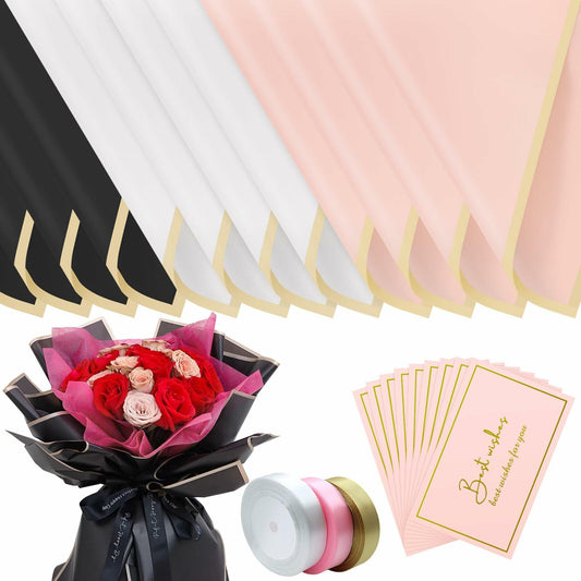 LOTMER 30 Sheets Flower Wrapping Paper, 3 Colors with 3 Ribbons & 30 Cards