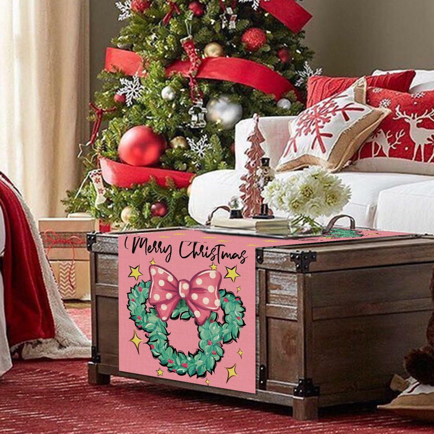 Seliem Christmas Wreath Table Runner Colorful Burlap 13x36 Inch Xmas Decor