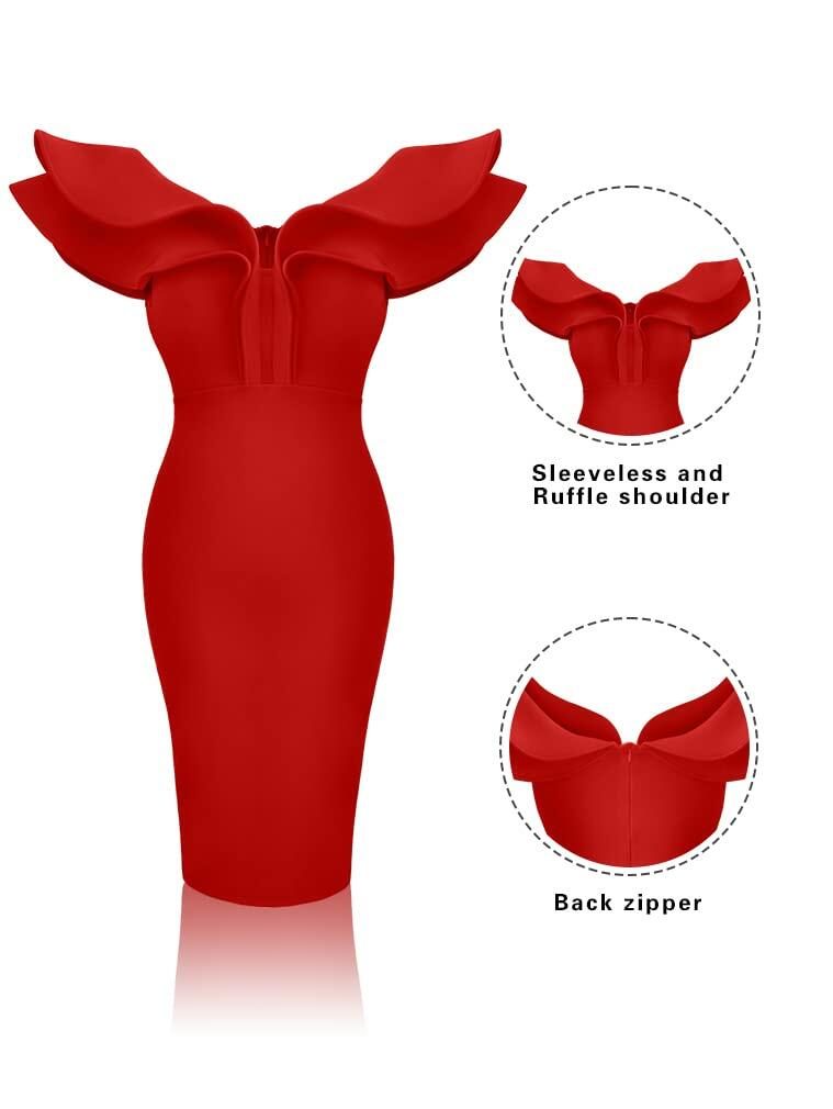 GOBLES Women's Sexy V Neck Ruffle Shoulder Bodycon Midi Dress Royal Blue Size XL