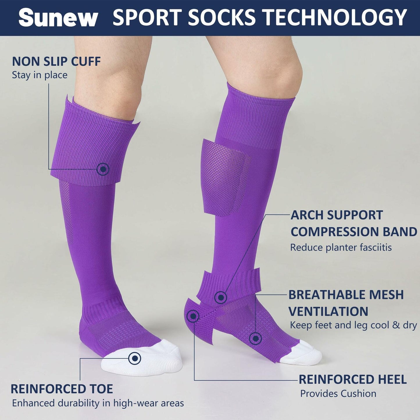 Sunew Purple Soccer Knee High Socks Medium 2 Pairs Athletic Compression