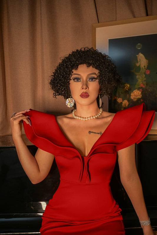 GOBLES Women's Sexy V Neck Ruffle Shoulder Bodycon Midi Dress Royal Blue Size XL