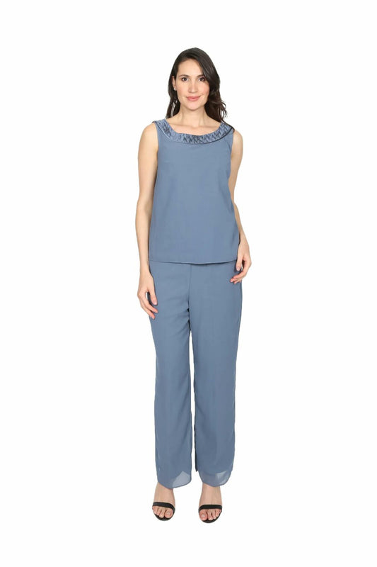 Le Bos Women's Elegant 3-Piece Satin-Trimmed Pant Set, Size 8, Ocean Blue