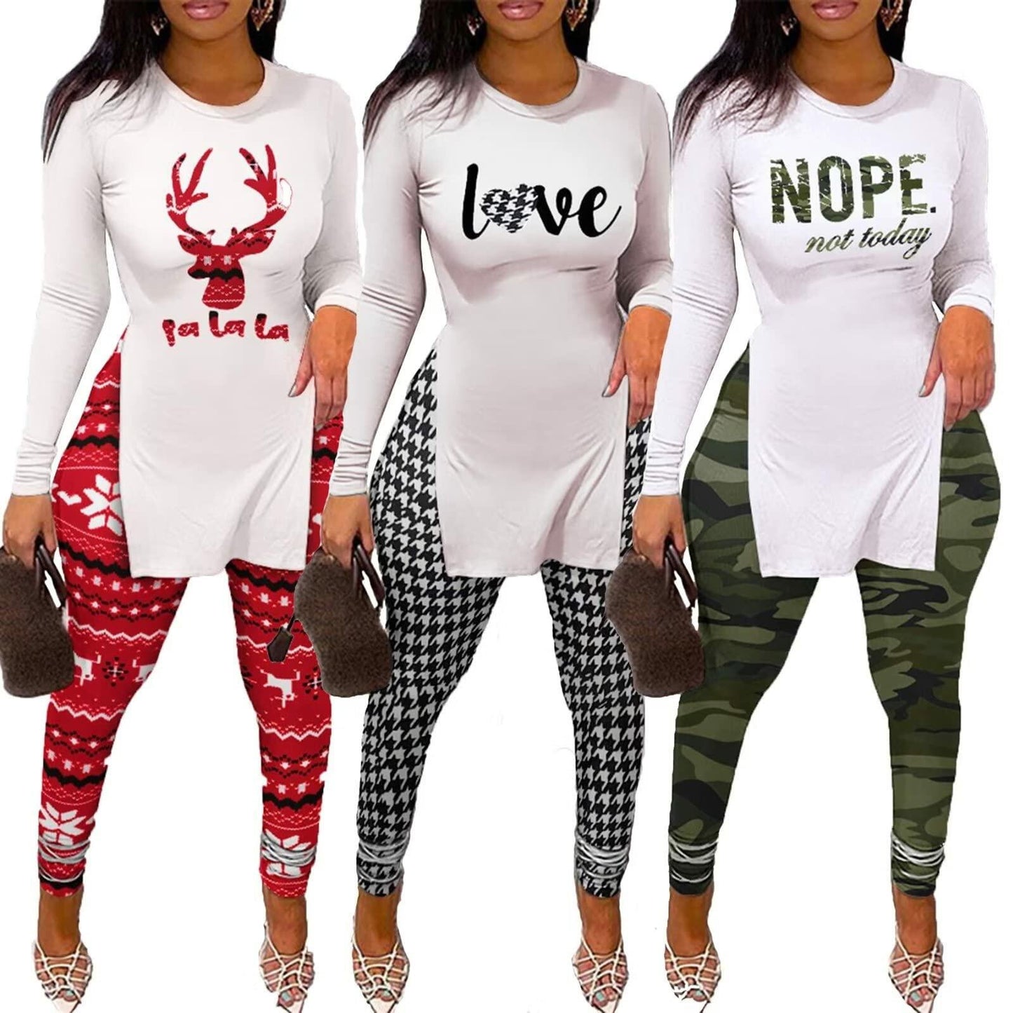 MRSYVES 2PC Women's Khaki Outfit Set L - Pullover Shirt & Leggings Pants