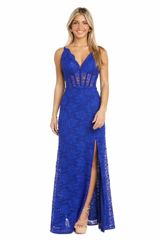 MORGAN AND CO. Plus Size Lace Whispers Corset Gown, Royal - Size 14