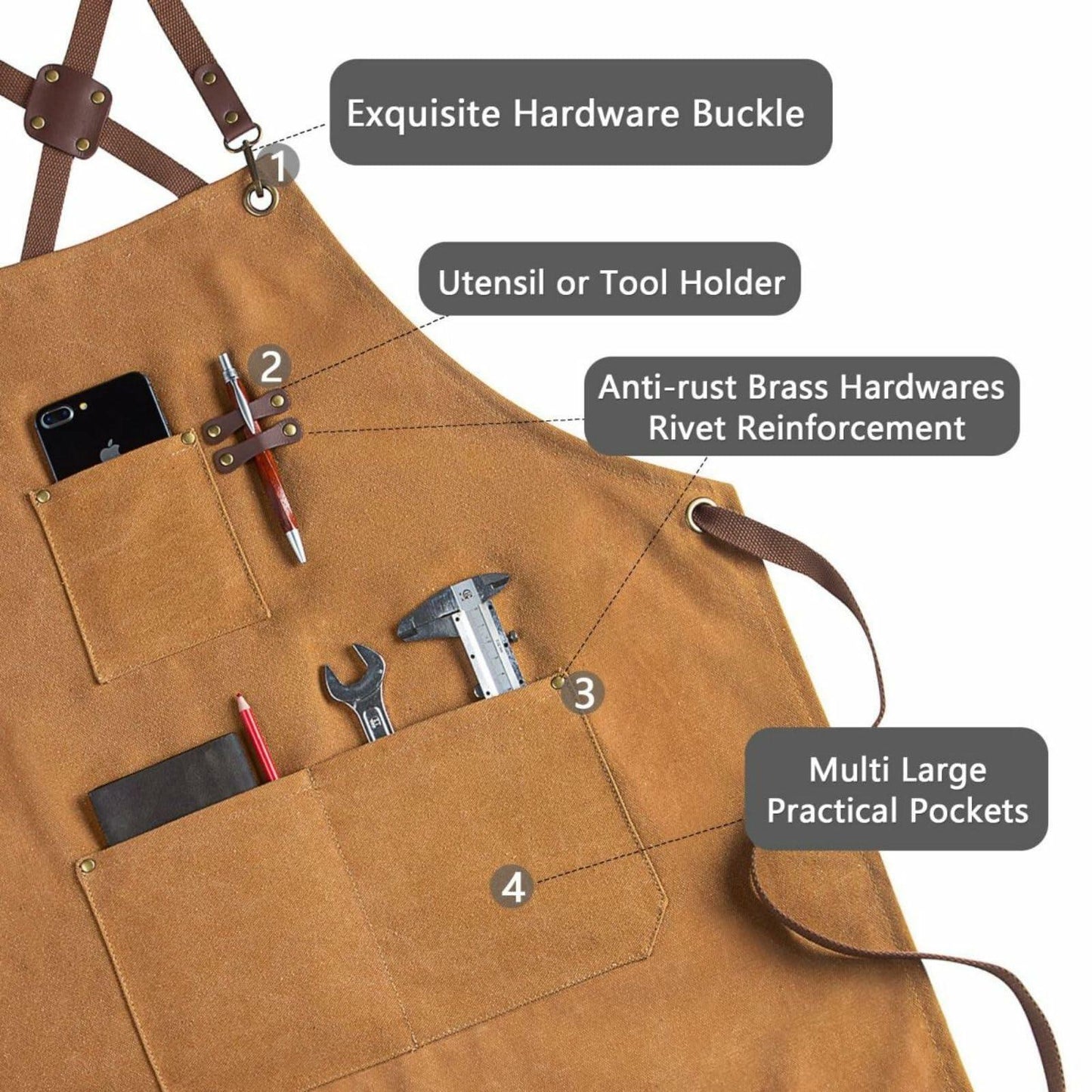 CONTAIL Heavy Duty Cotton Canvas Chef Apron Brown Adjustable Cross Back