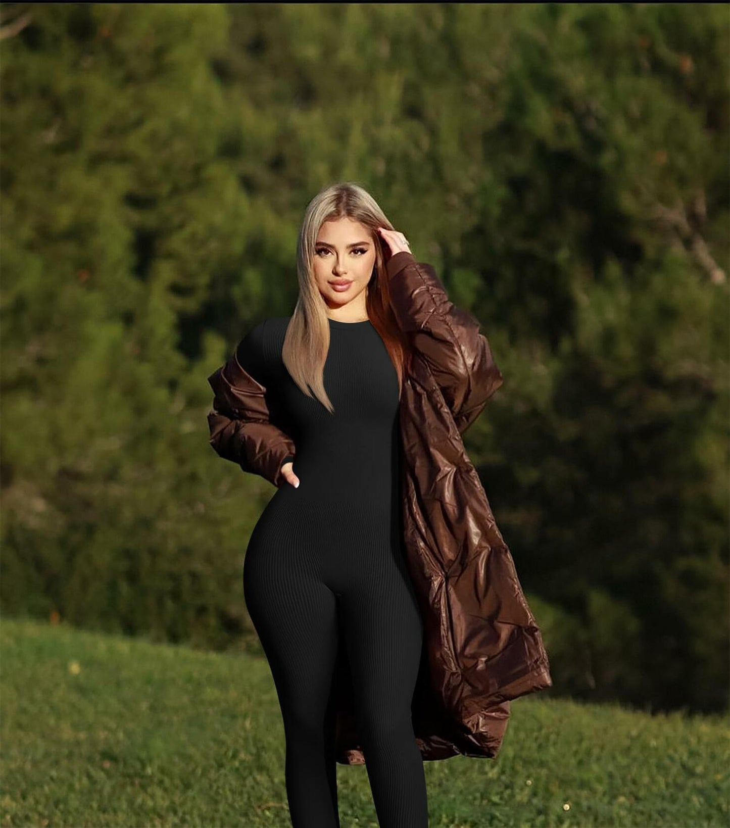 OQQ Women's Yoga Ribbed Long Sleeve Crew Neck Top Black Size L