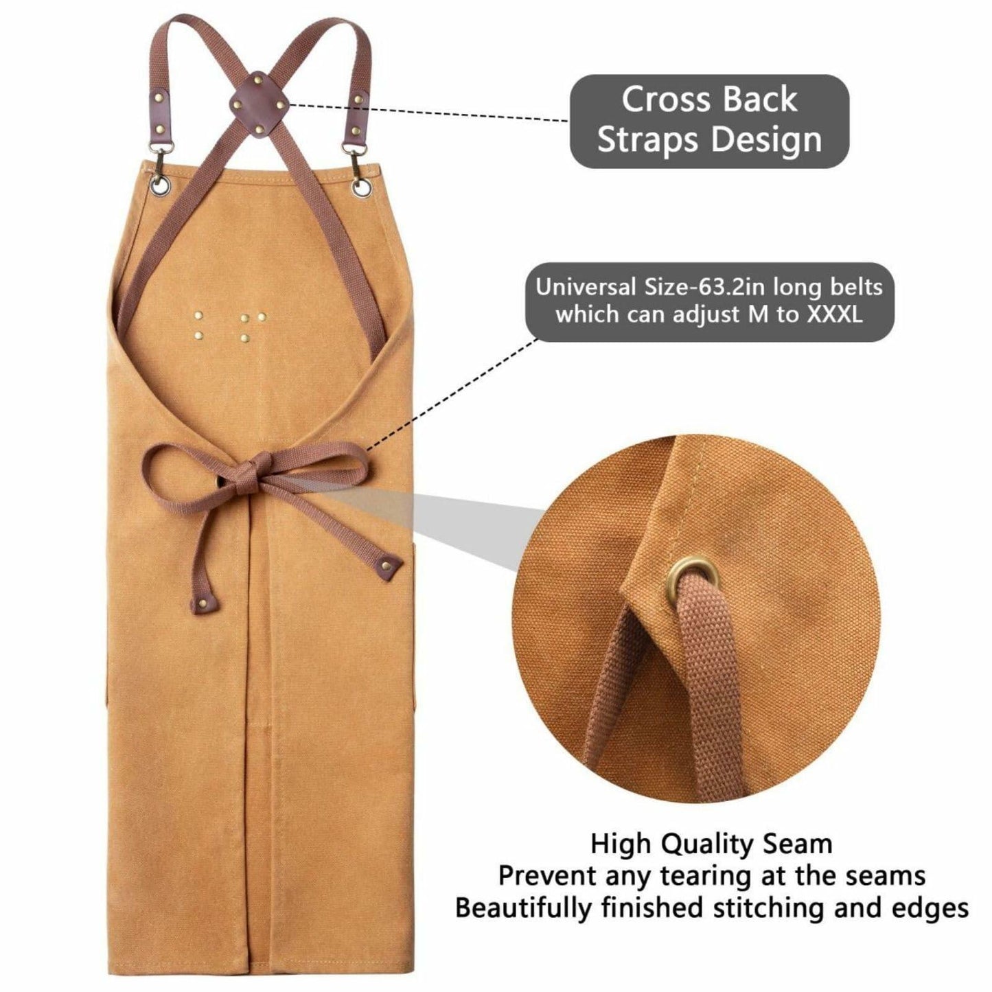CONTAIL Heavy Duty Cotton Canvas Chef Apron Brown Adjustable Cross Back