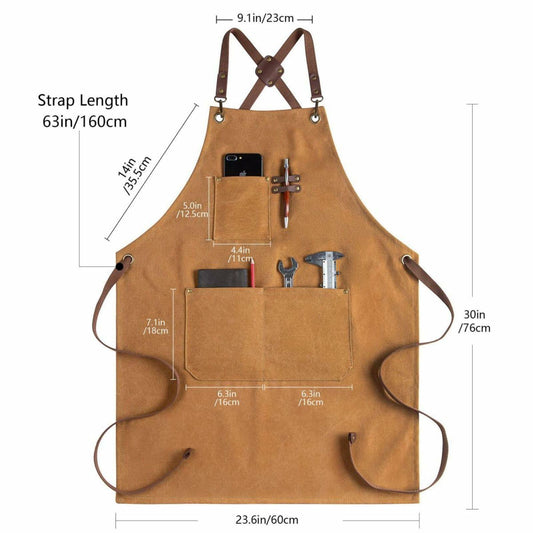 CONTAIL Heavy Duty Cotton Canvas Chef Apron Brown Adjustable Cross Back