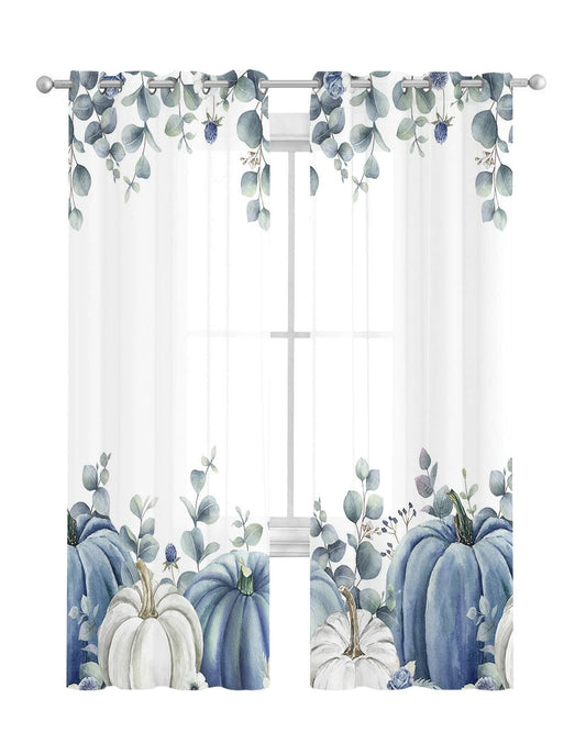 Thanksgiving Pumpkins Eucalyptus Sheer Curtains 84in 2 Panels Blue White