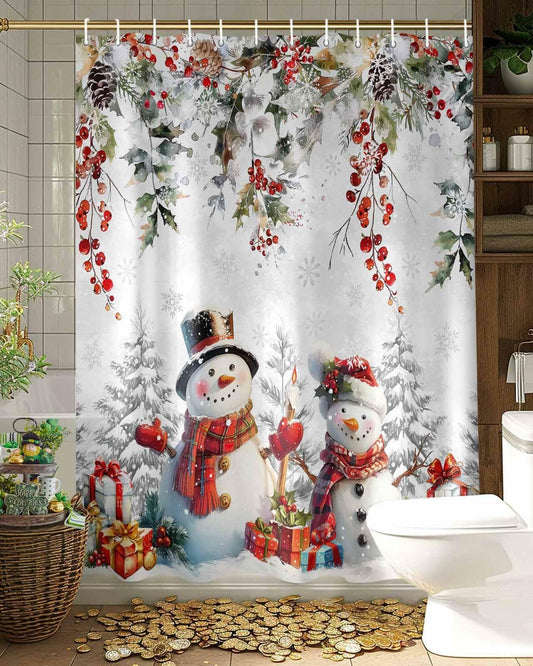 Christmas Snowman Shower Curtain 72x72in Waterproof Fabric Farmhouse 12 Hooks