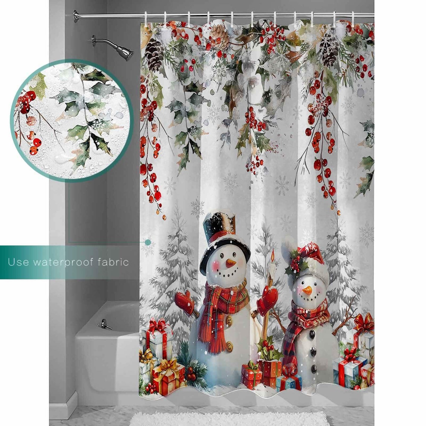 Christmas Snowman Shower Curtain 72x72in Waterproof Fabric Farmhouse 12 Hooks