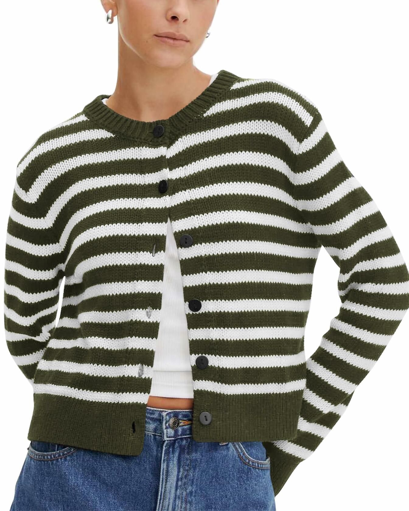 KIRUNDO Womens Cardigan Sweater Striped Button Down Army Green Size M