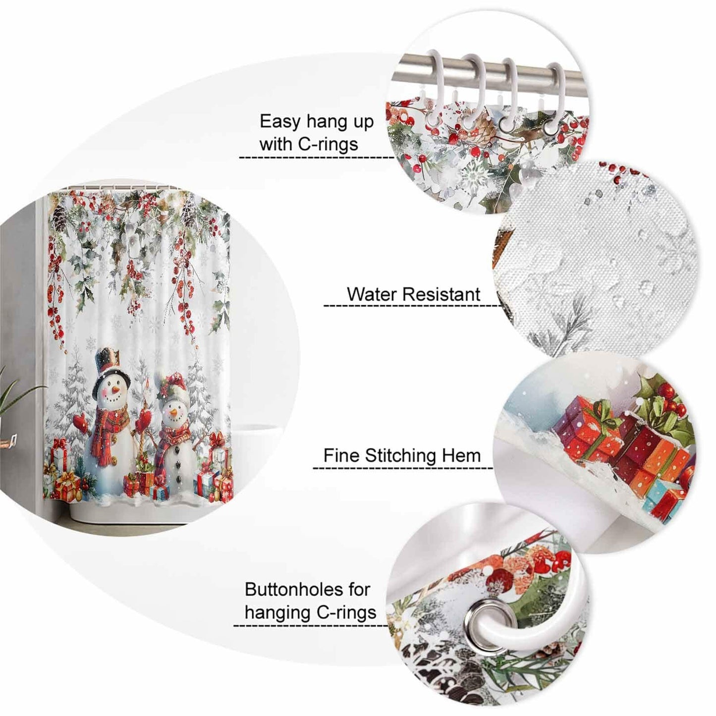Christmas Snowman Shower Curtain 72x72in Waterproof Fabric Farmhouse 12 Hooks