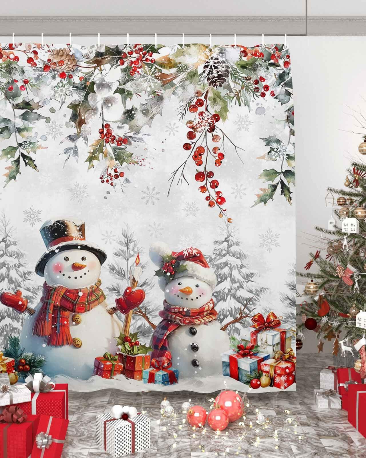 Christmas Snowman Shower Curtain 72x72in Waterproof Fabric Farmhouse 12 Hooks