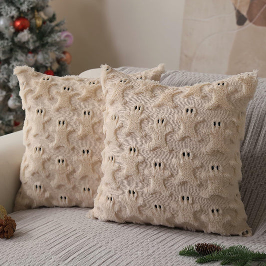 Allorry 2-Pack 18x18 Beige Gingerbread Christmas Pillow Covers Soft Plush Fur