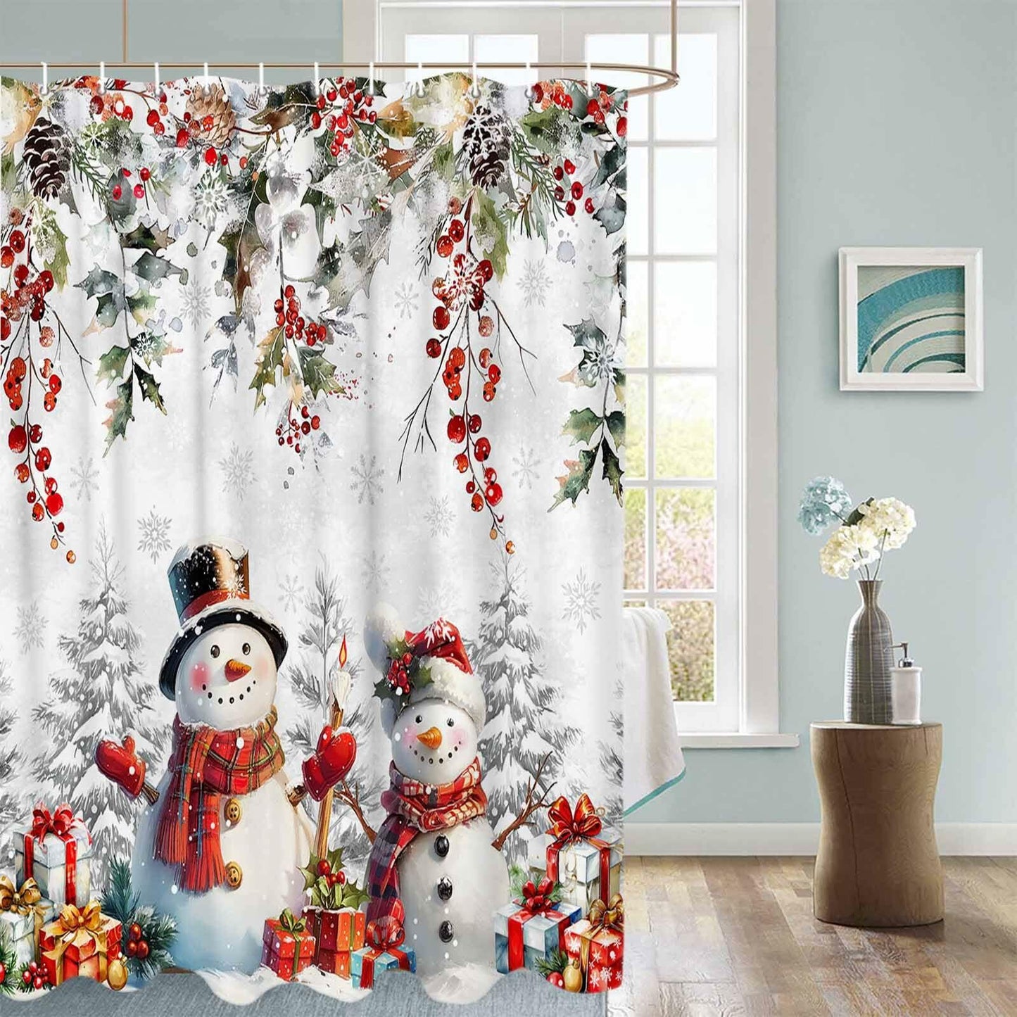 Christmas Snowman Shower Curtain 72x72in Waterproof Fabric Farmhouse 12 Hooks