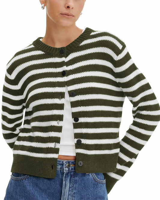 KIRUNDO Womens Cardigan Sweater Striped Button Down Army Green Size M