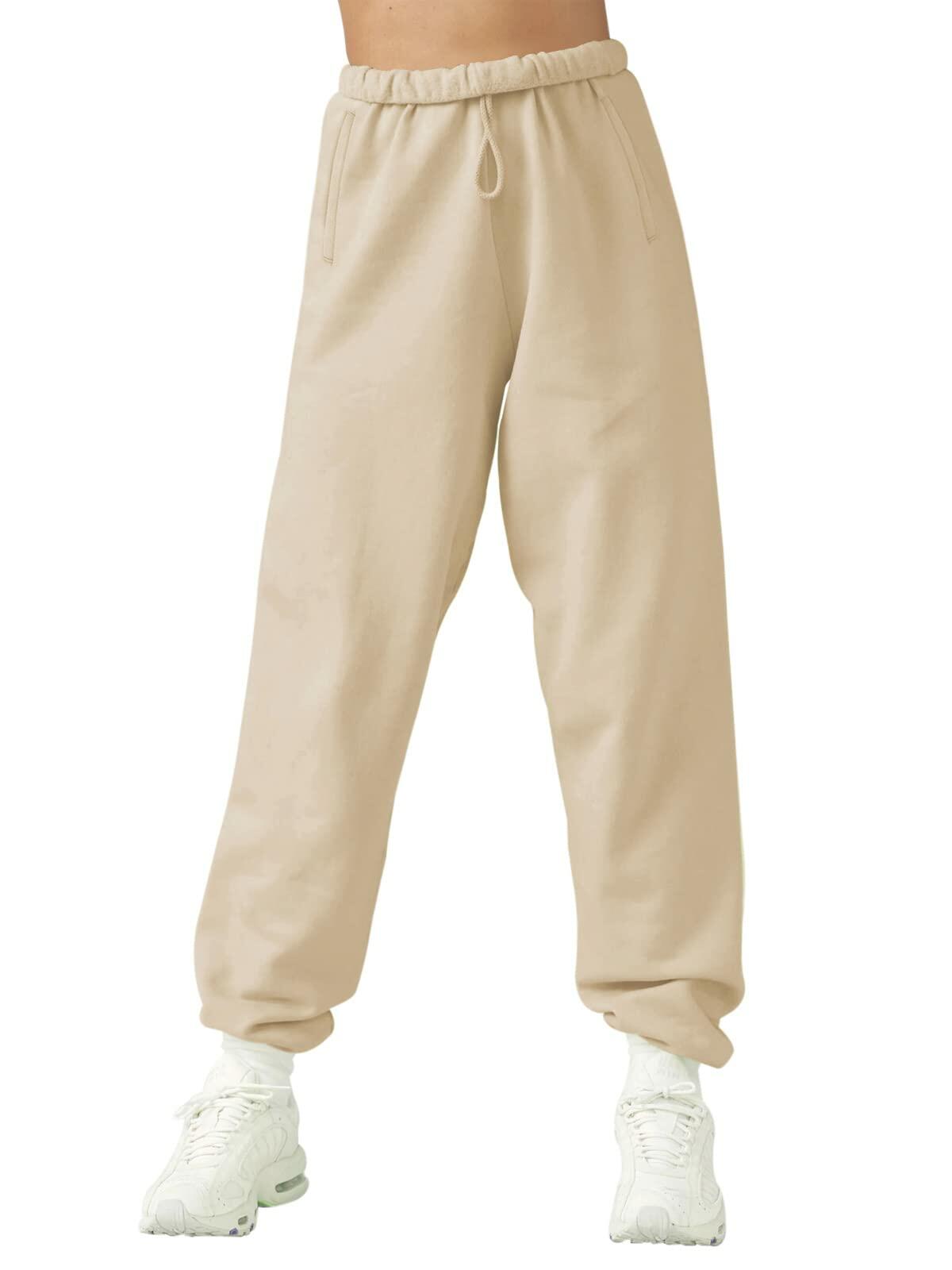 LASLULU Womens Joggers Fleece Lined Sweatpants Loose Athletic Apricot M