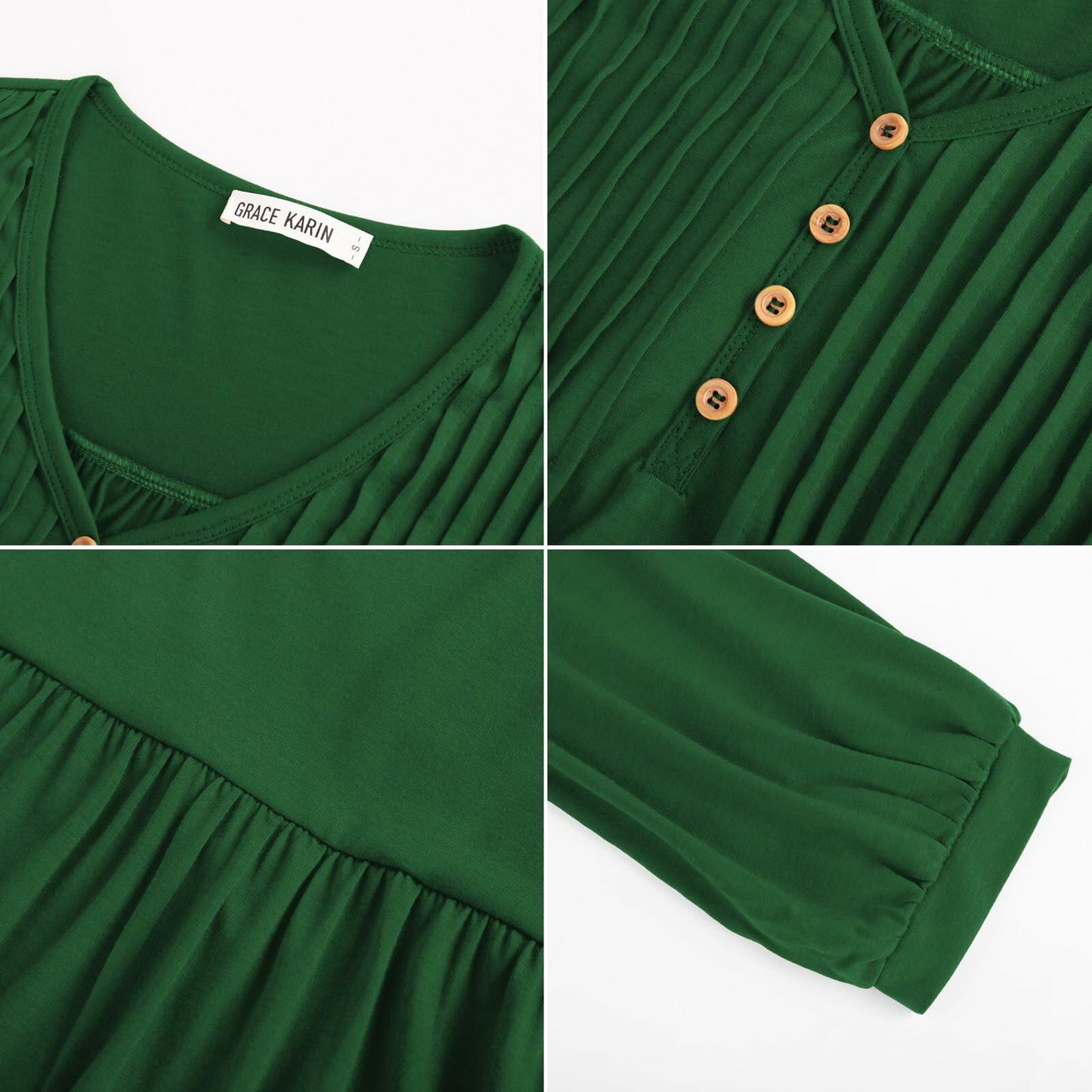 GRACE KARIN Women's Green Long Sleeve V Neck Pleated Blouse Size L