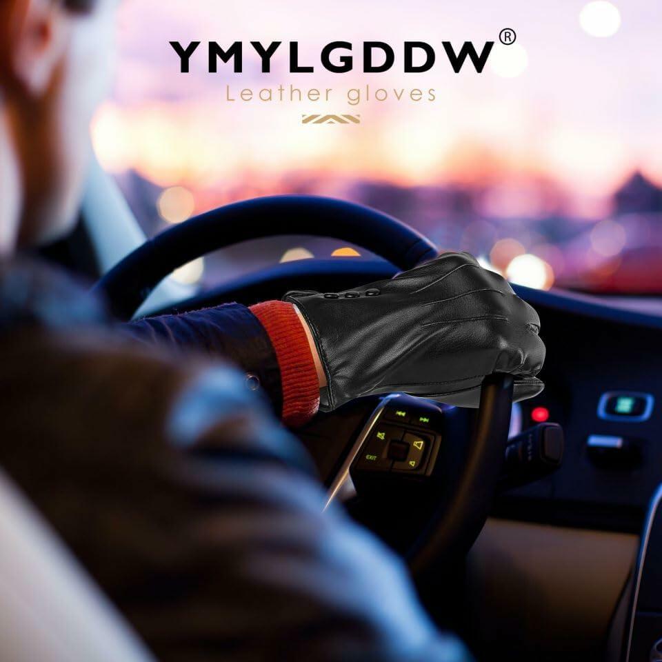 YMYLGDDW Men's Leather Winter Gloves Touch Screen Warm Wool Lining Size L