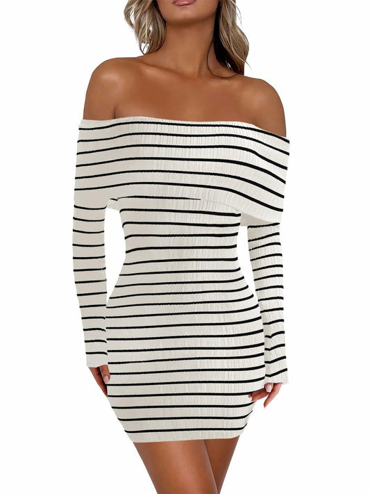 Wenrine Womens Off Shoulder Knit Mini Dress White Casual Bodycon Long Sleeve