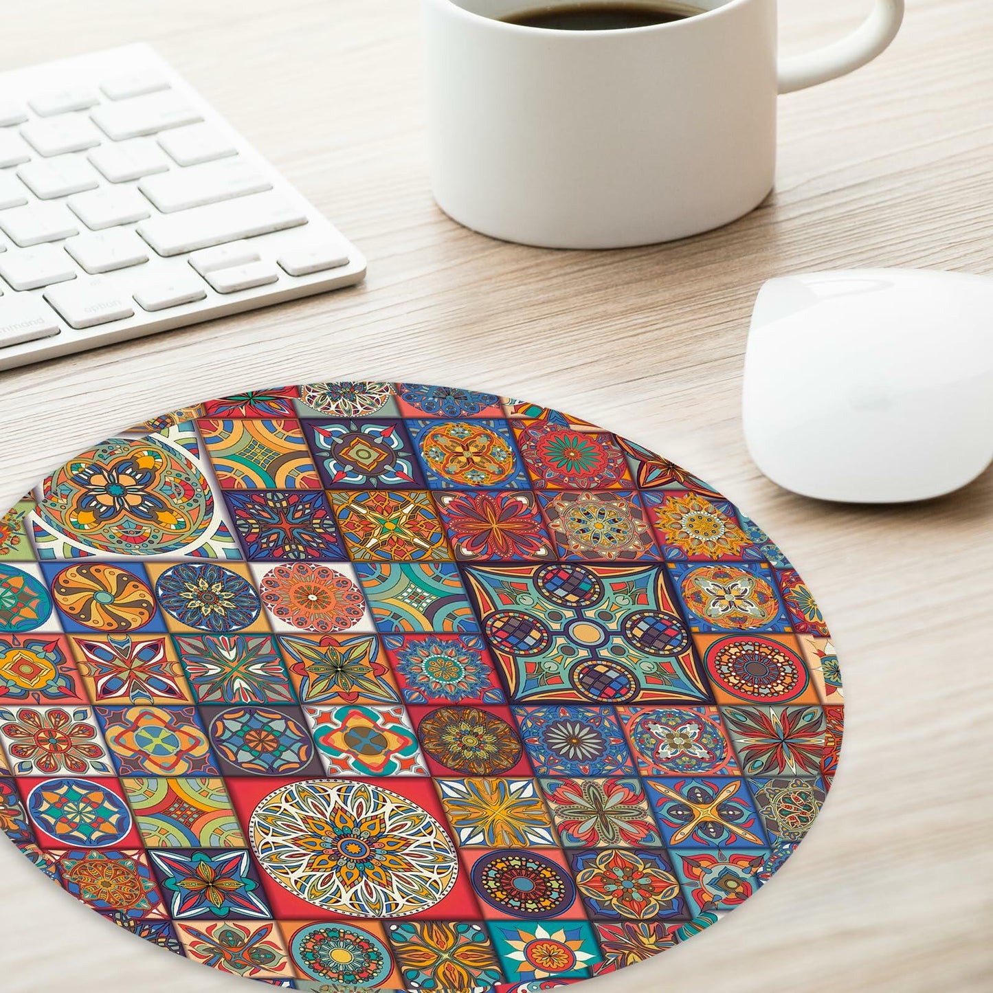 Boho Round Mouse Pad 8.7in Non-Slip Rubber Base Home Office Decor