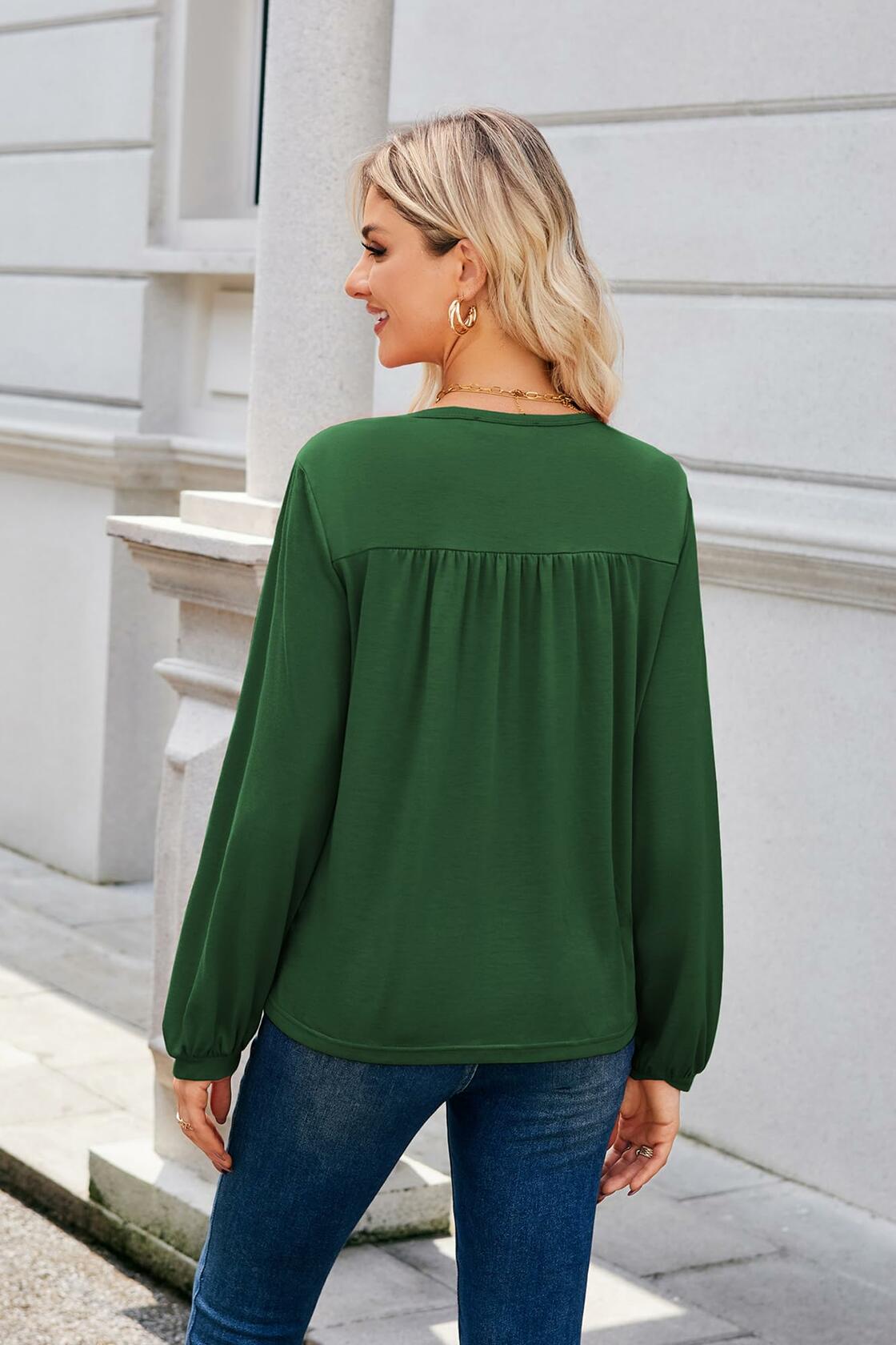 GRACE KARIN Women's Green Long Sleeve V Neck Pleated Blouse Size L