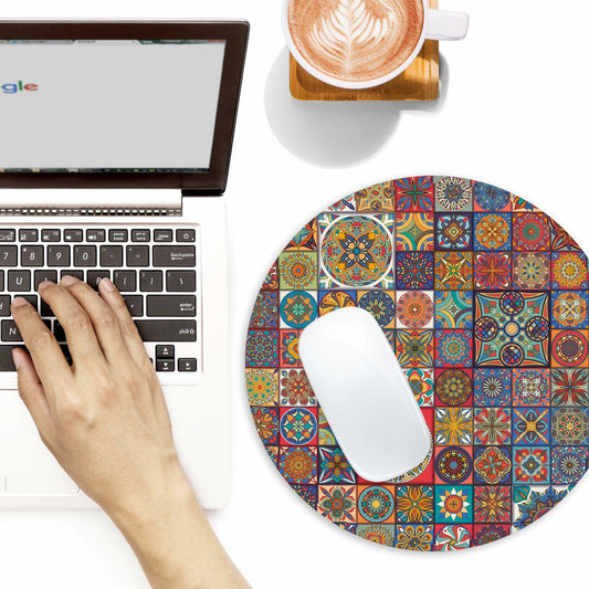 Boho Round Mouse Pad 8.7in Non-Slip Rubber Base Home Office Decor