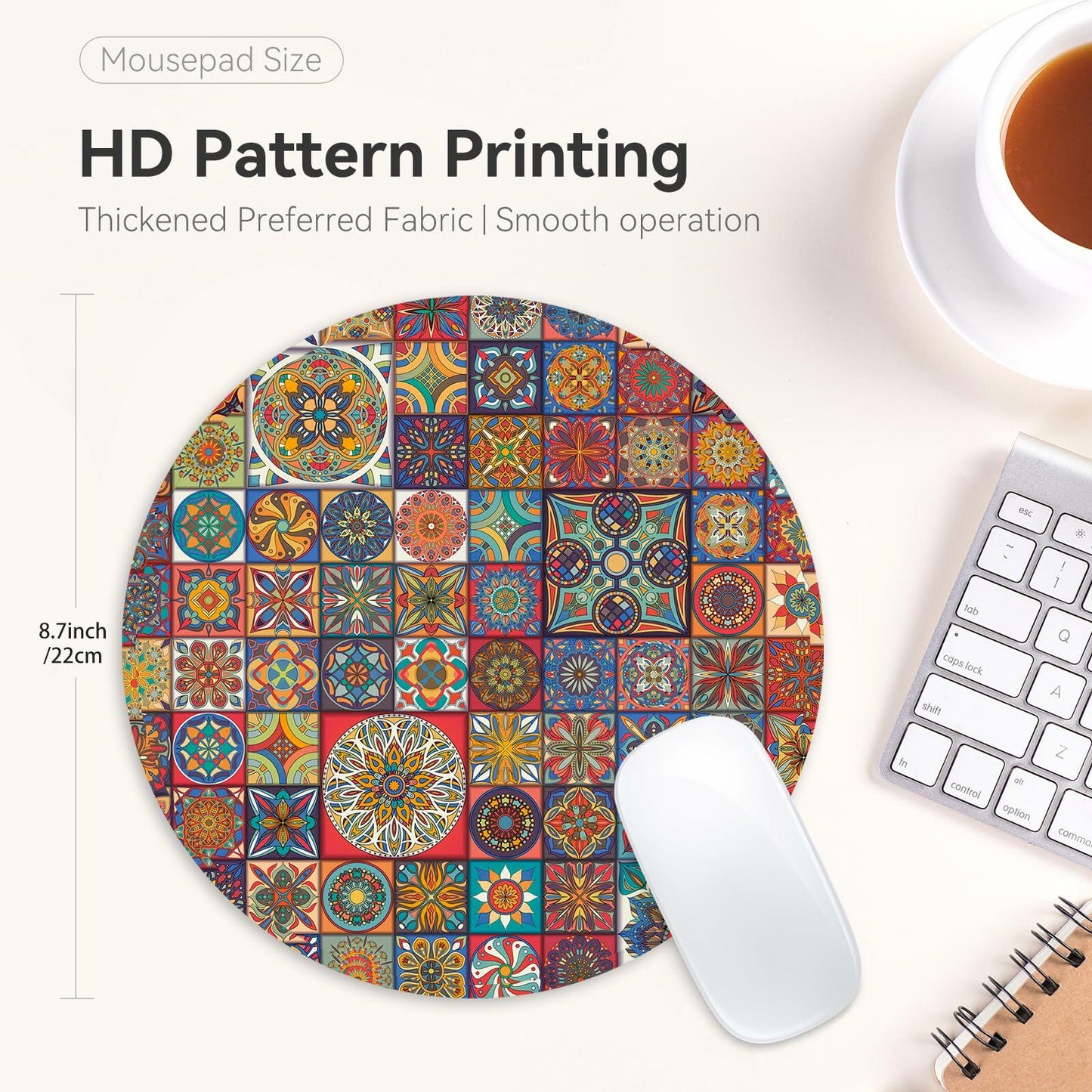 Boho Round Mouse Pad 8.7in Non-Slip Rubber Base Home Office Decor