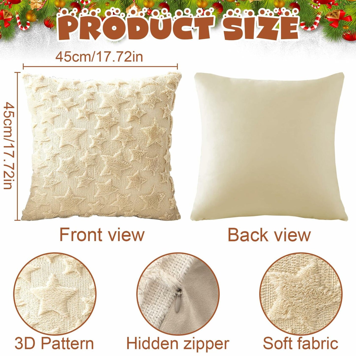 Set of 2 Christmas Pillow Covers 18x18 Cream Beige Plush Velvet Soft Throw