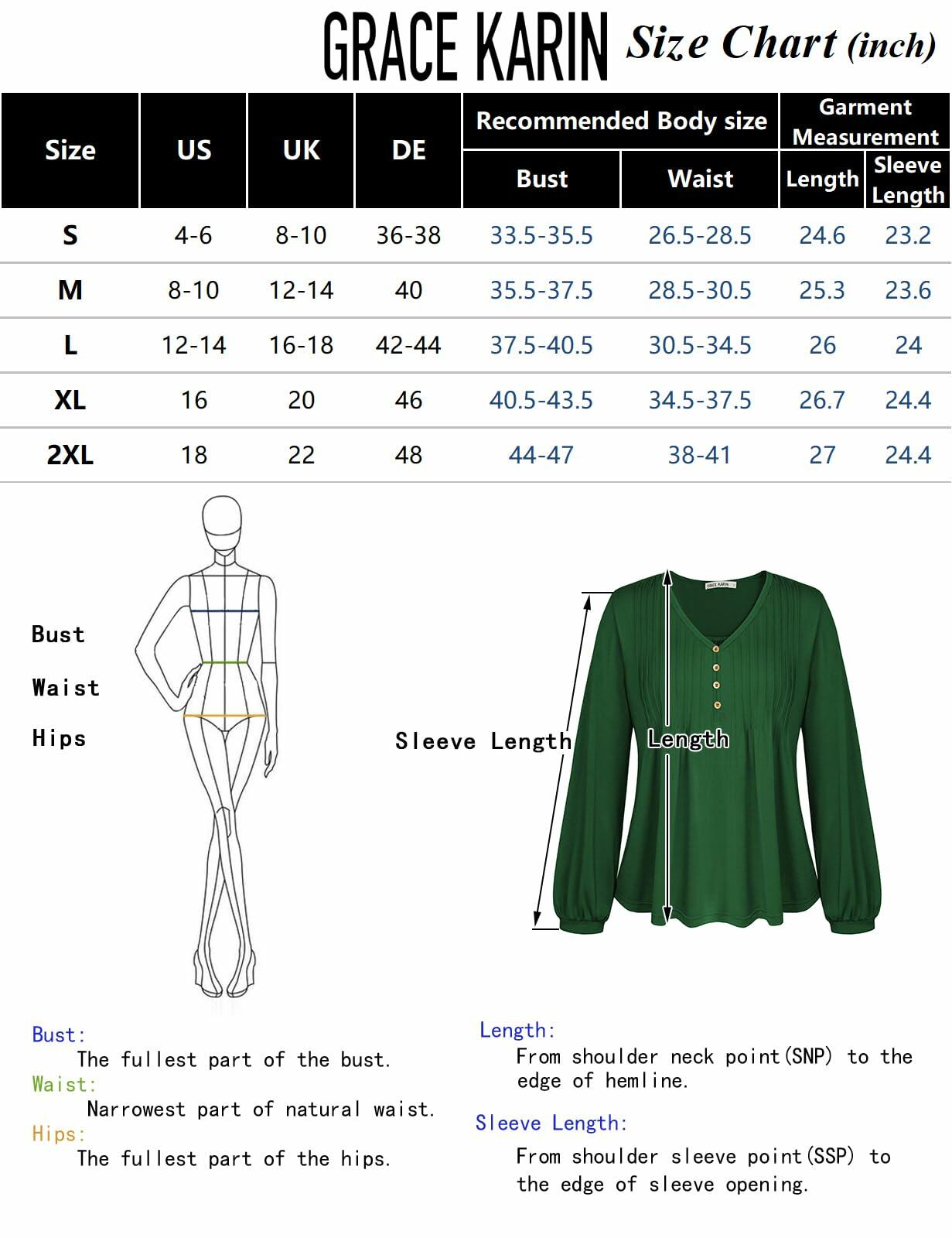 GRACE KARIN Women's Green Long Sleeve V Neck Pleated Blouse Size L