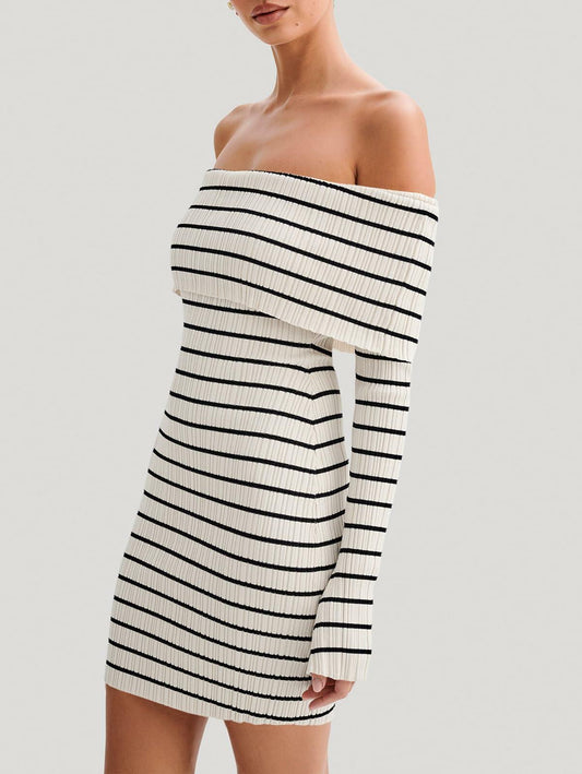 Wenrine Womens Off Shoulder Knit Mini Dress White Casual Bodycon Long Sleeve
