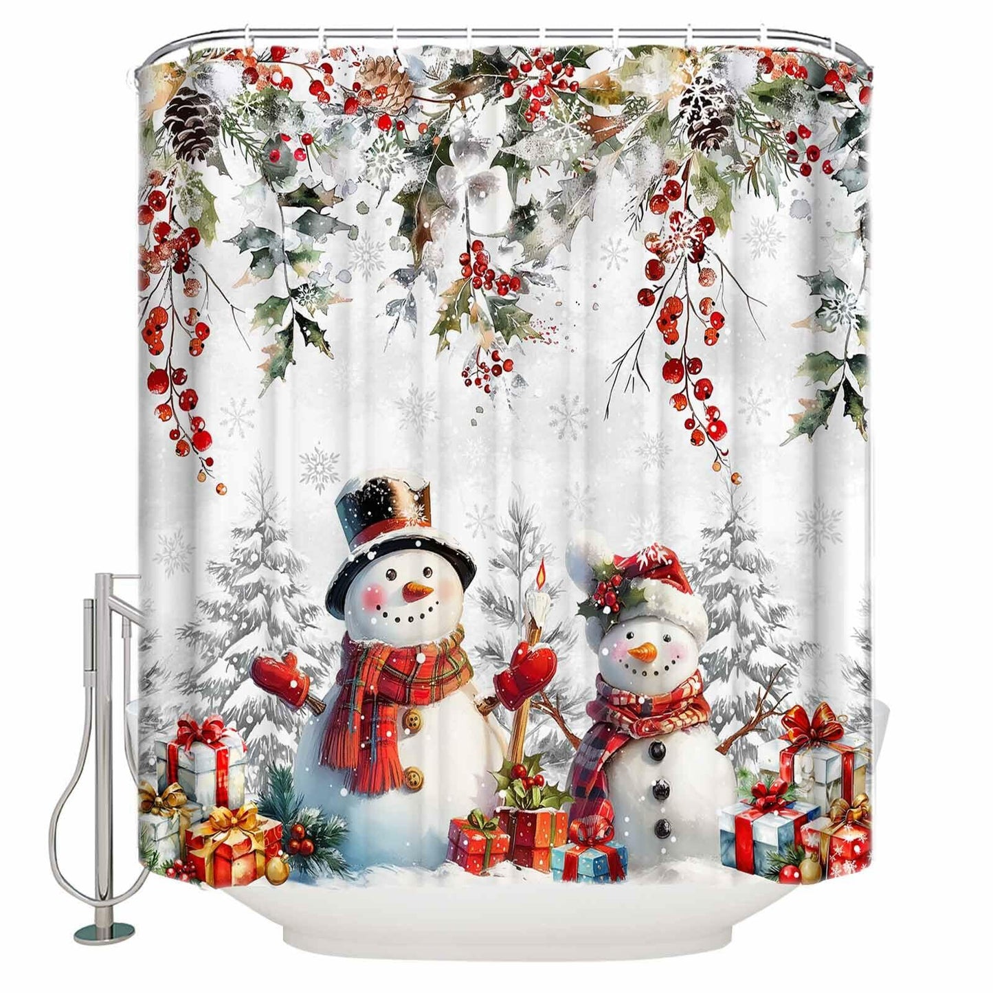 Christmas Snowman Shower Curtain 72x72in Waterproof Fabric Farmhouse 12 Hooks