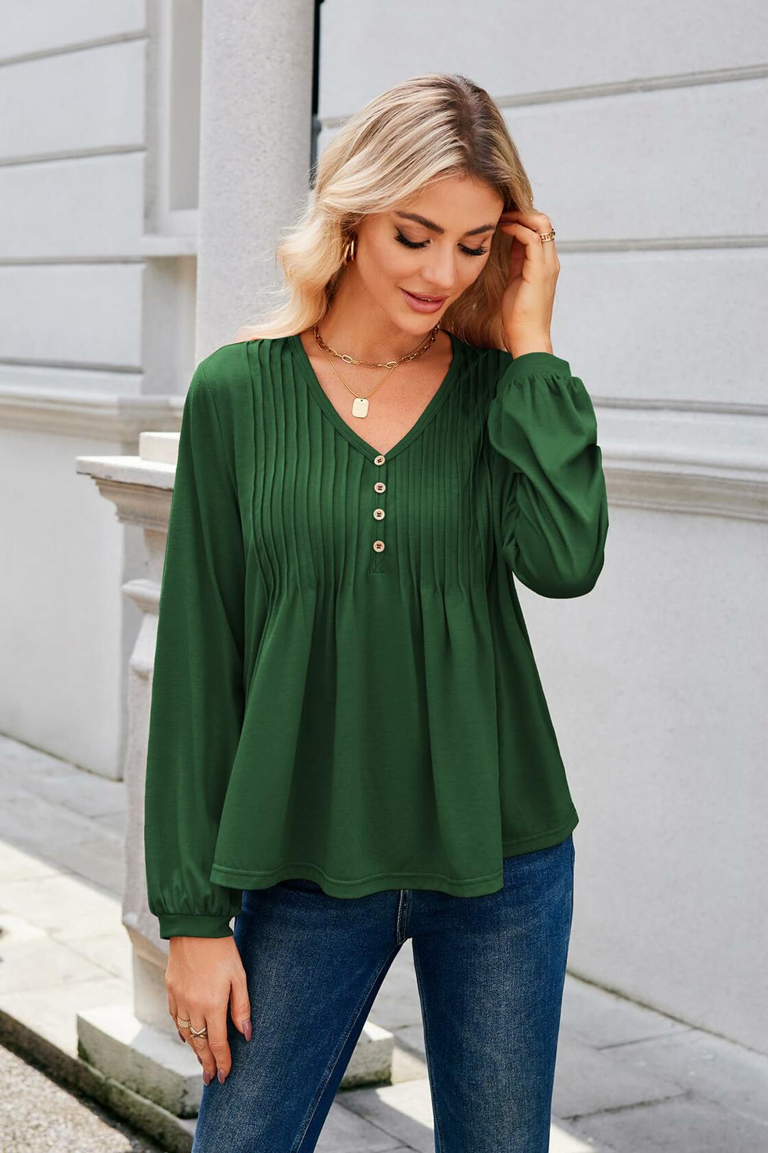 GRACE KARIN Women's Green Long Sleeve V Neck Pleated Blouse Size L